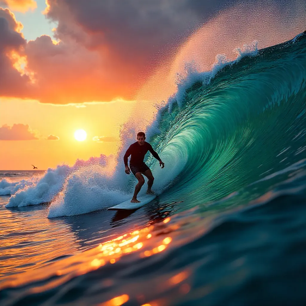 Sunset Surfer Cresting a Dramatic Ocean Wave