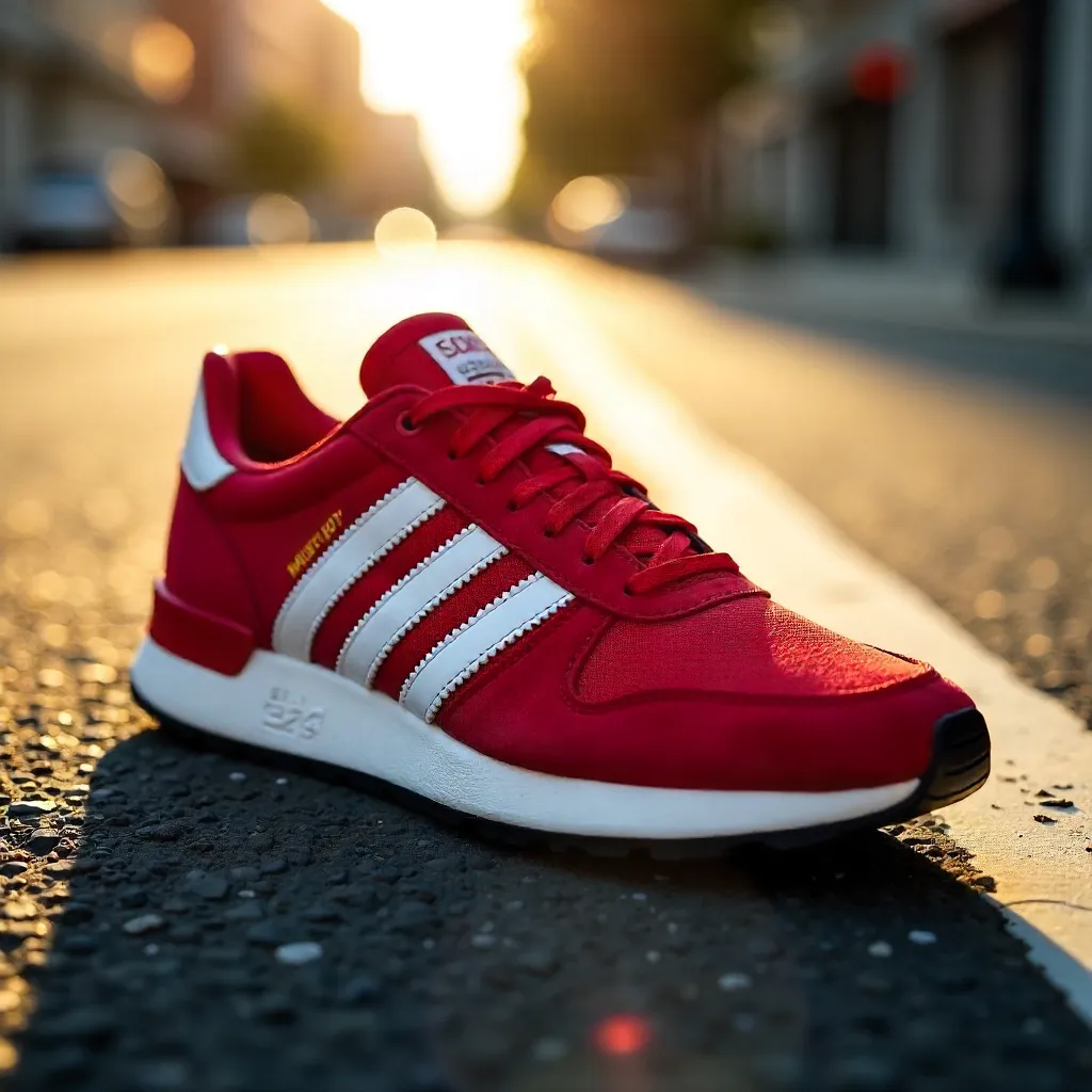 Close-Up of a Red Sneaker on Sunlit Pavement