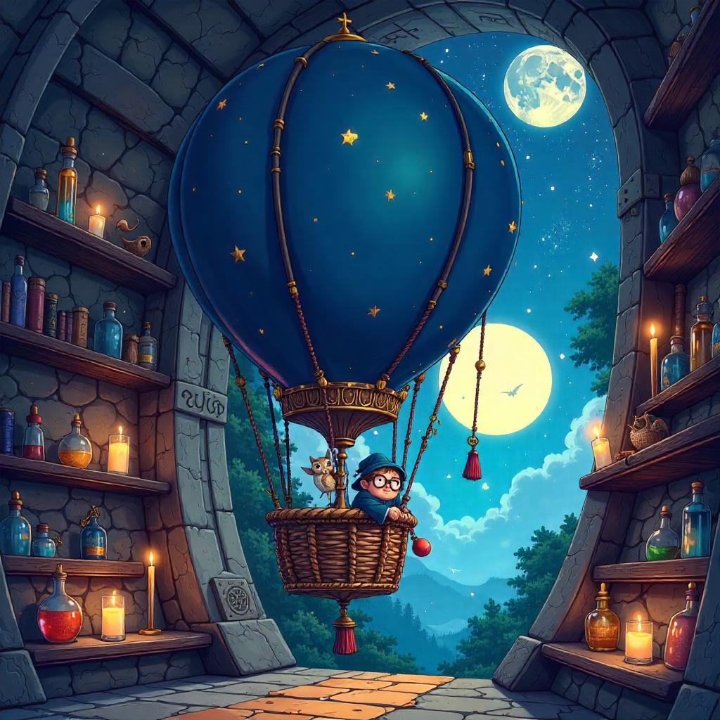 Anime Hot Air Balloon Inside a Wizard's Tower