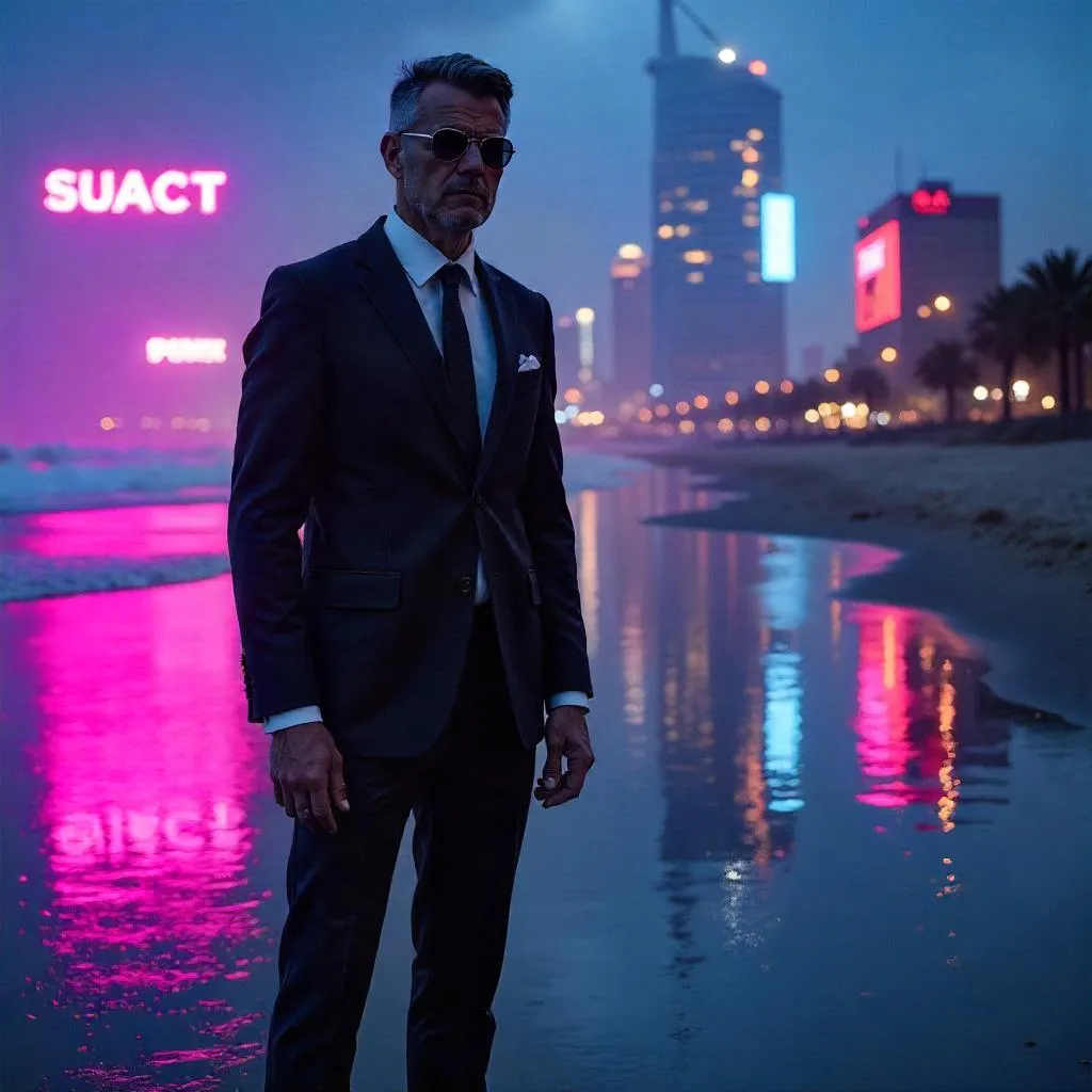 Cyberpunk Professional on a Neon Beach