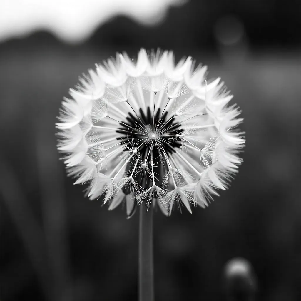 Monochrome Macro Dandelion: Close-Up in the Meadow