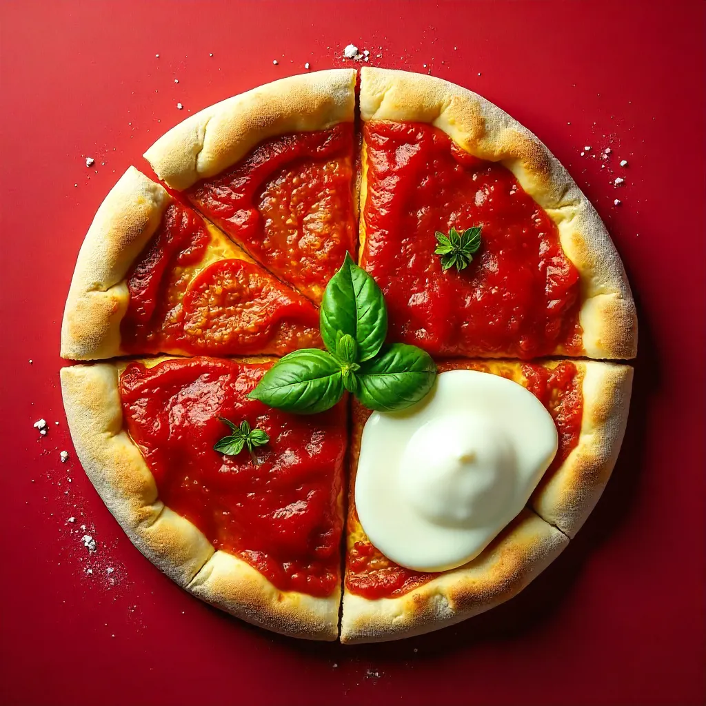 Four Core Pizza Ingredients on a Red Backdrop