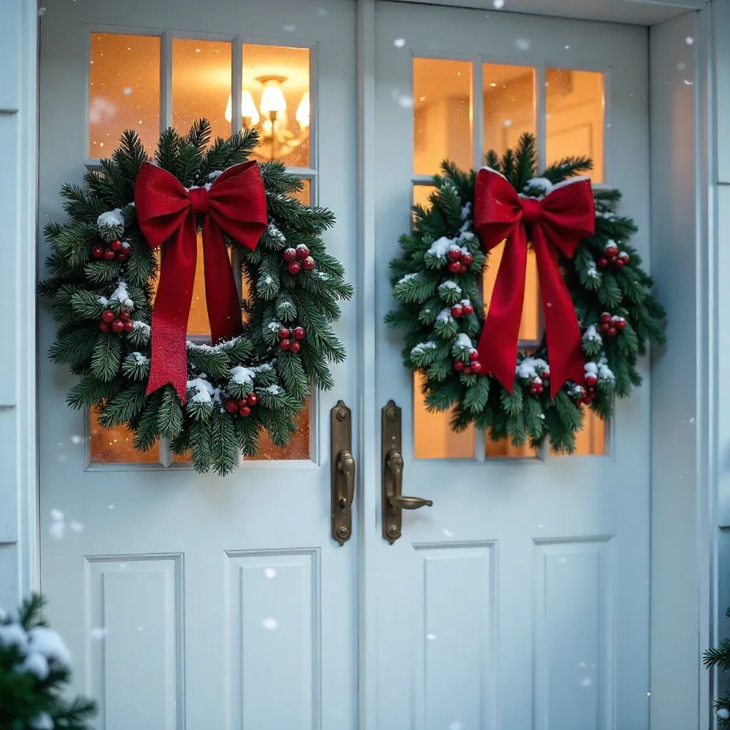 Elegant Evergreen Wreaths on White Winter Doors