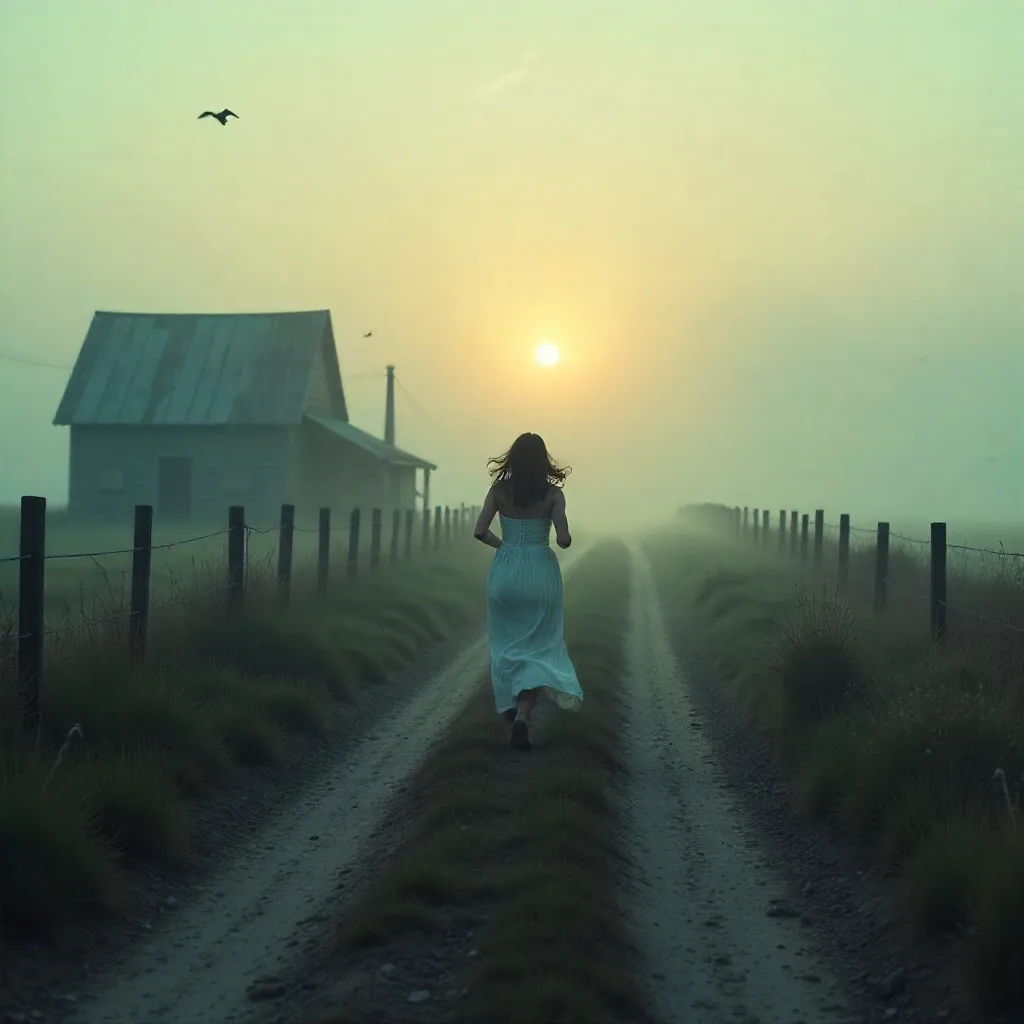 Dawn Run: Woman in the Foggy Rural Escape