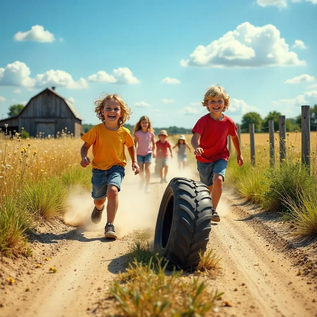 Joyful Tire Roll on Rural Dirt Road