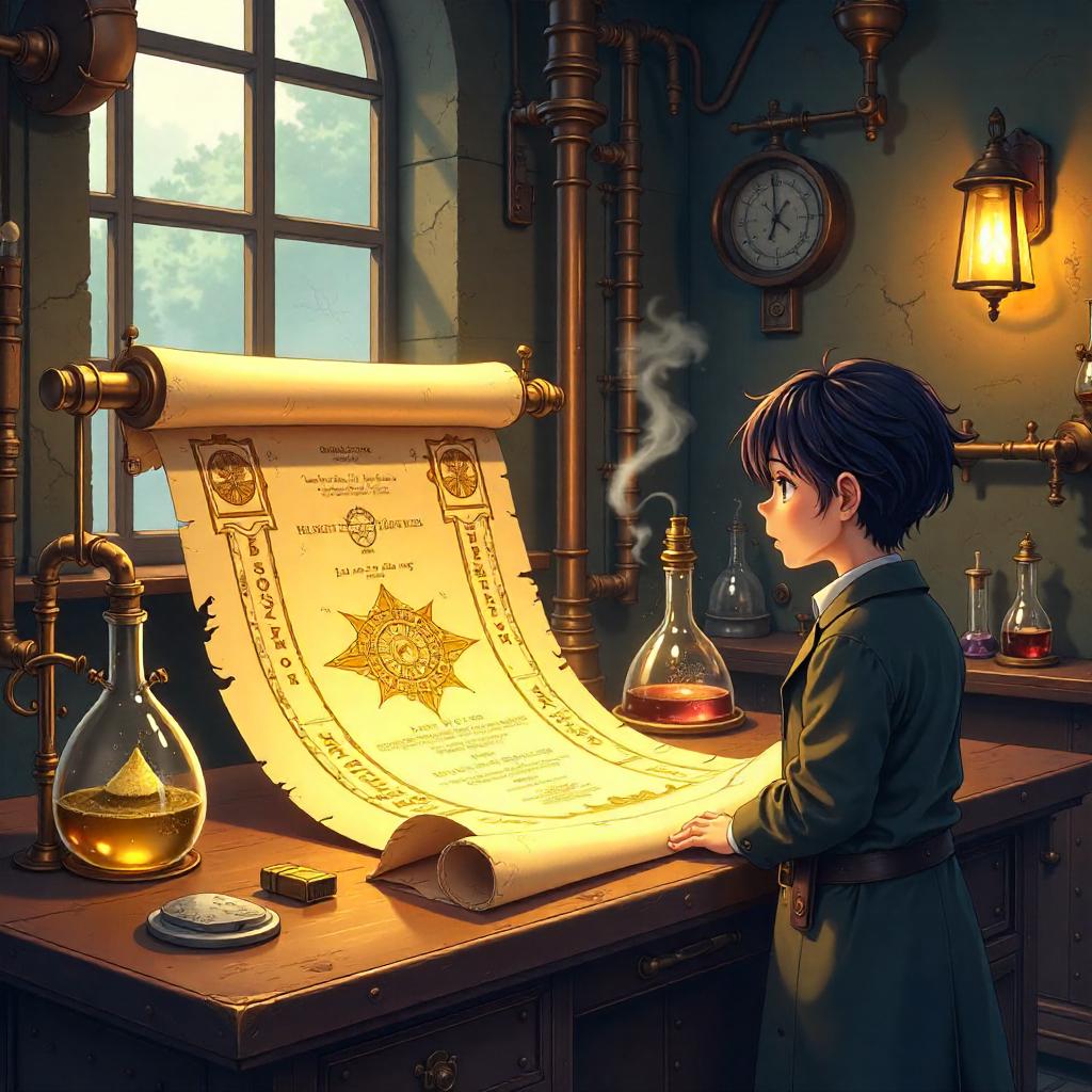 Ancient Scroll in a Brass Laboratory - Anime Style
