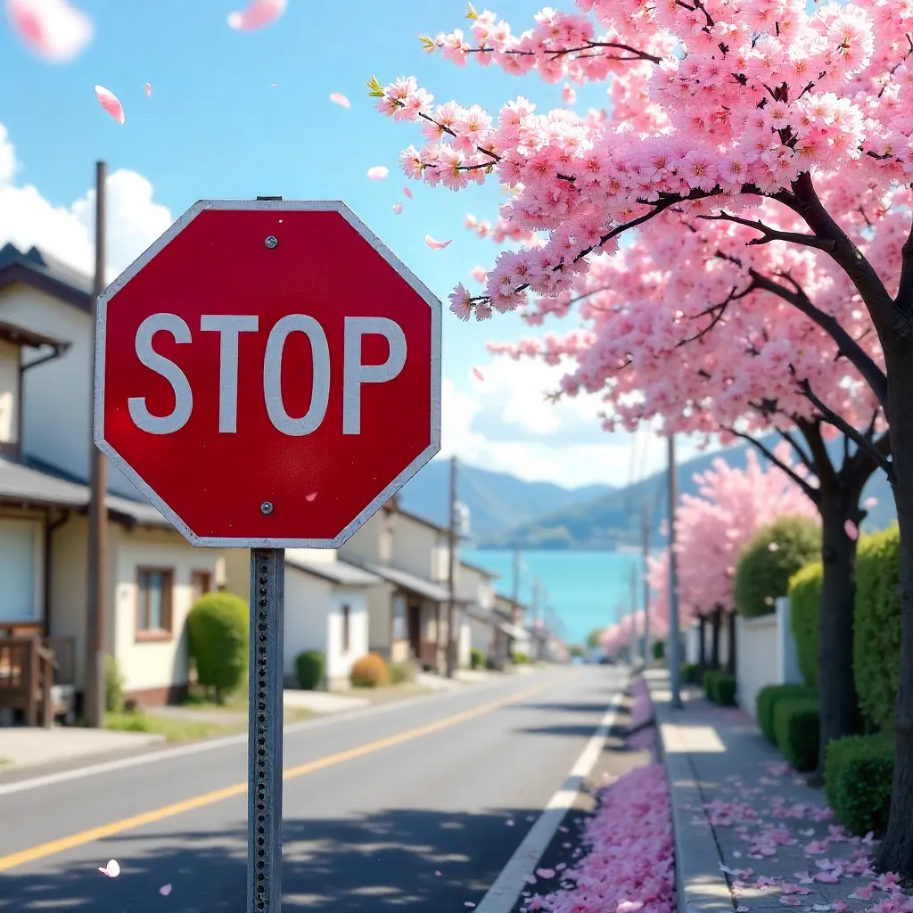 Stop Sign Framed by Cherry Blossoms in Atami, Spring