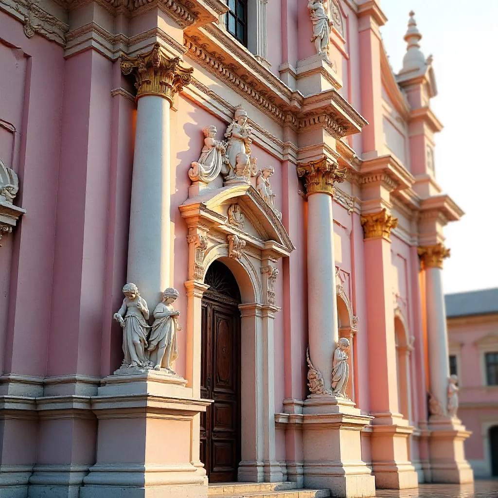 Pink Ornate Church Facade: Statues and Details