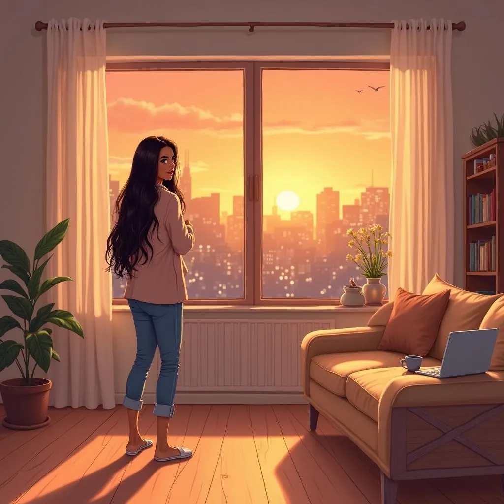 Anime-Style Young Middle Eastern Woman in a Cozy Apartment