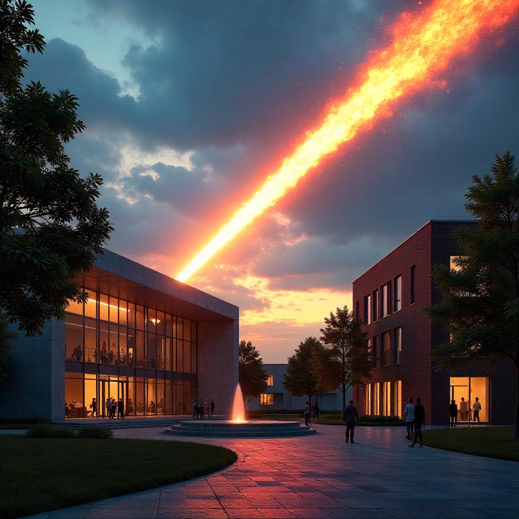 Meteor at Dusk: 3D Rendered Campus Encounter