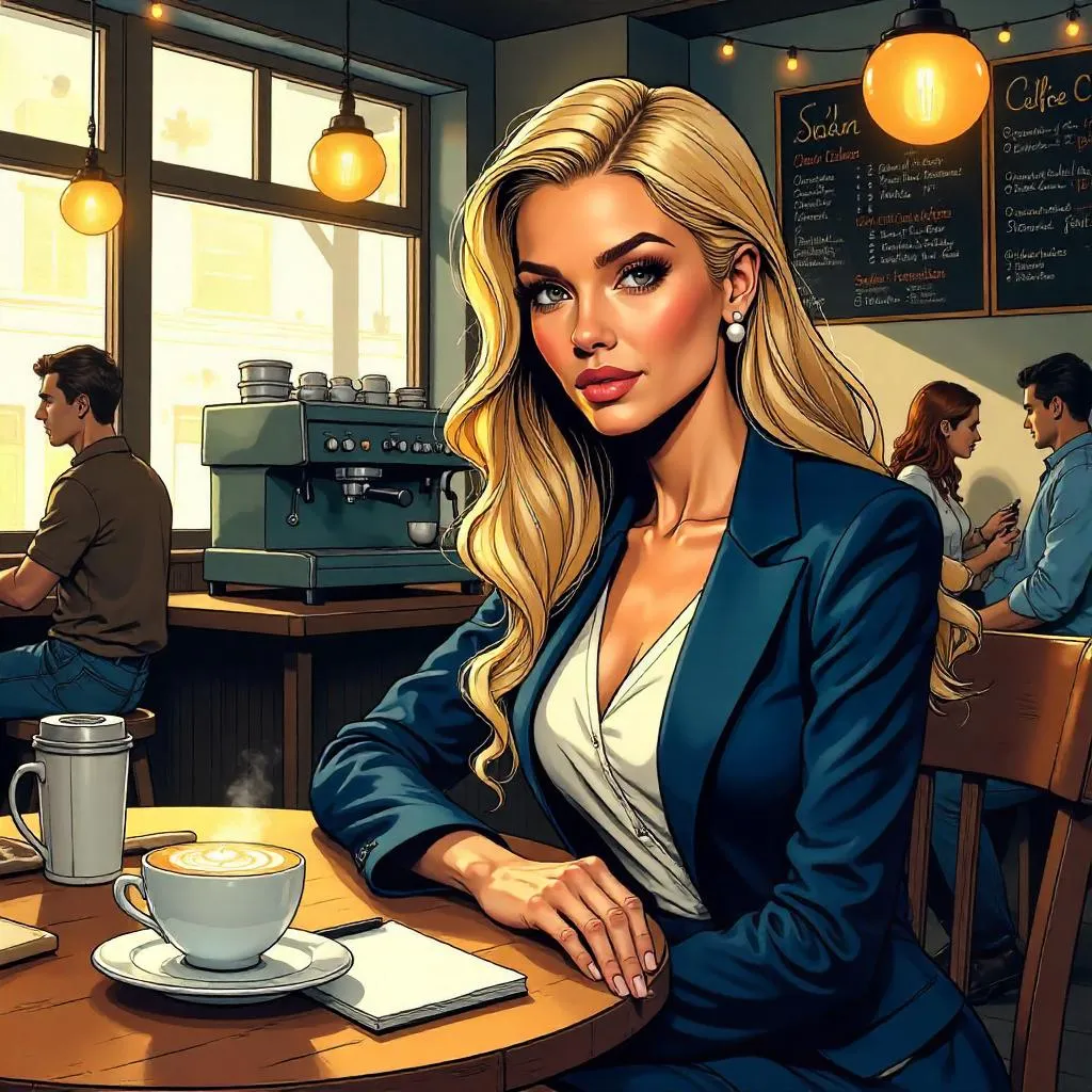Elegant White Girl in a Comic Coffee Shop