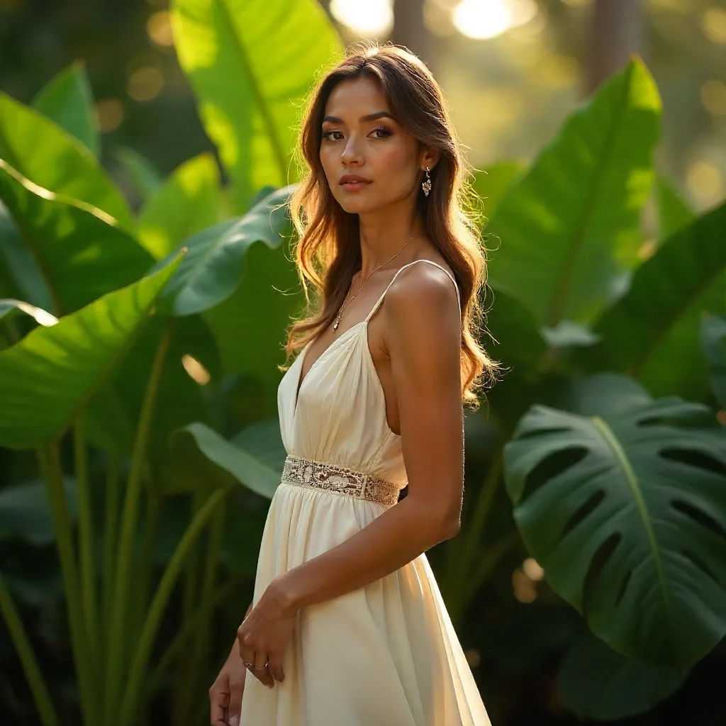 White Dress Portrait Amid Lush Monstera