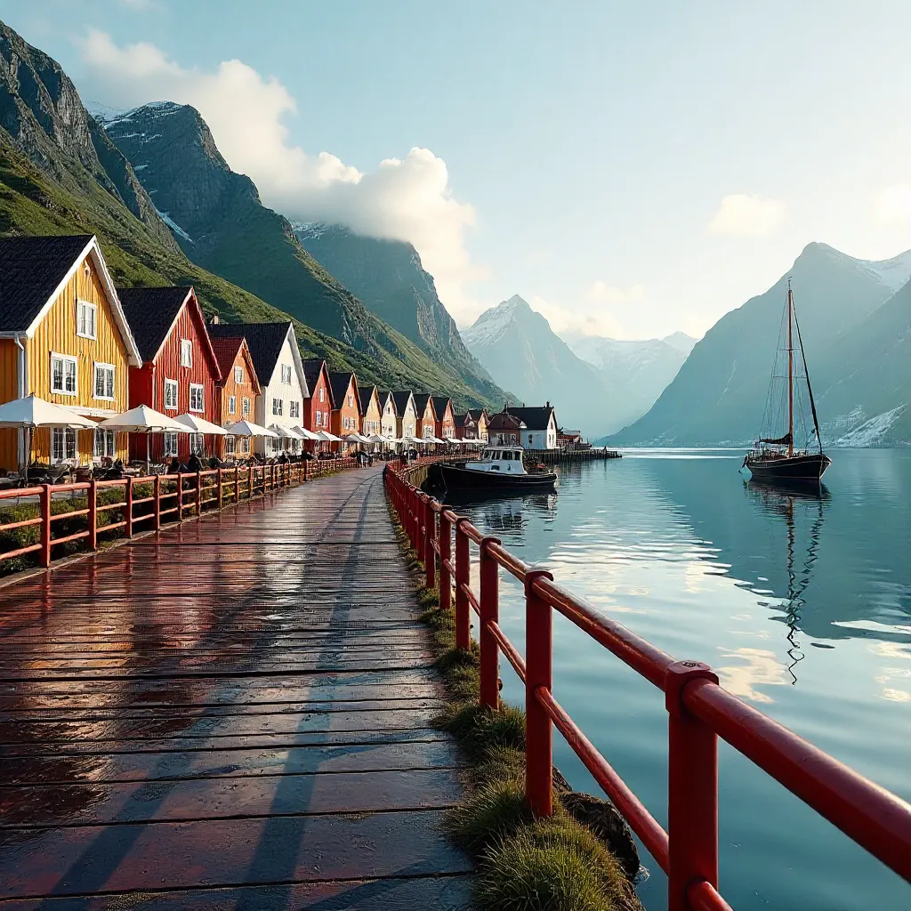 Red Railing Over Bergen Harbor and Fjord Mountains