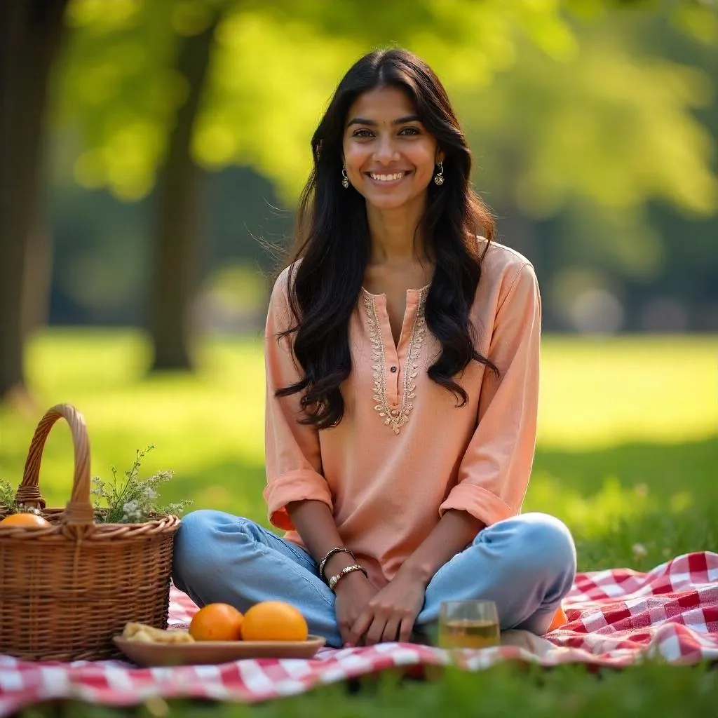 Golden Hour Picnic with a Young Indian Woman