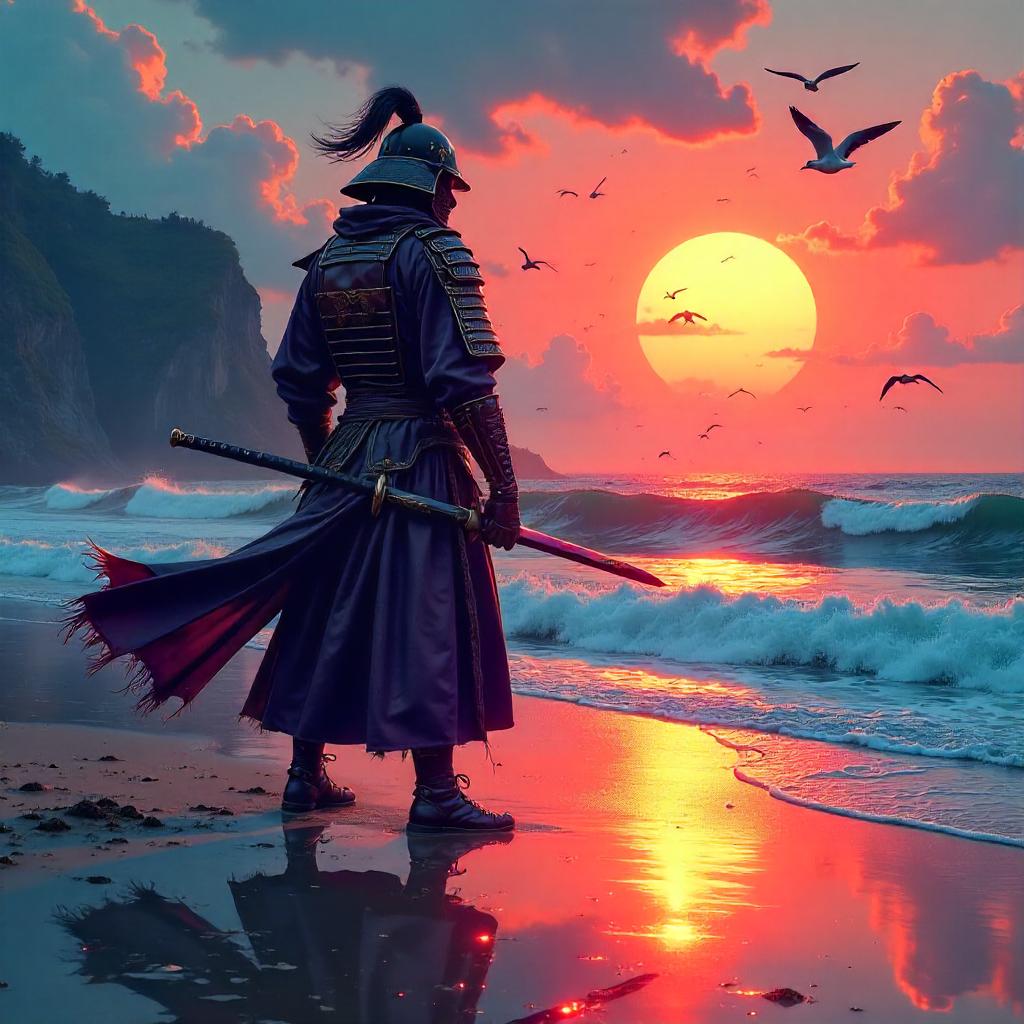 Digital Samurai on a Painted Sunset Beach