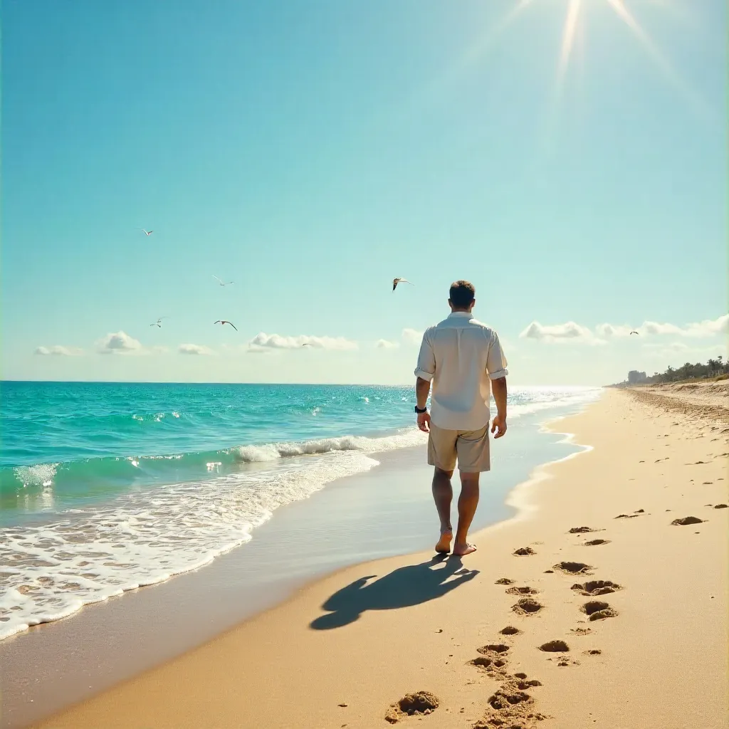 Serene Beach Walk Under a Clear Sky