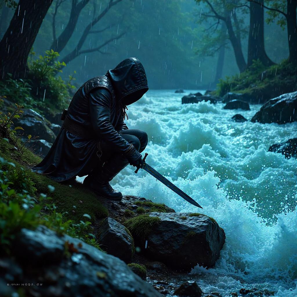 Assassin by a Rushing River — Digital Art