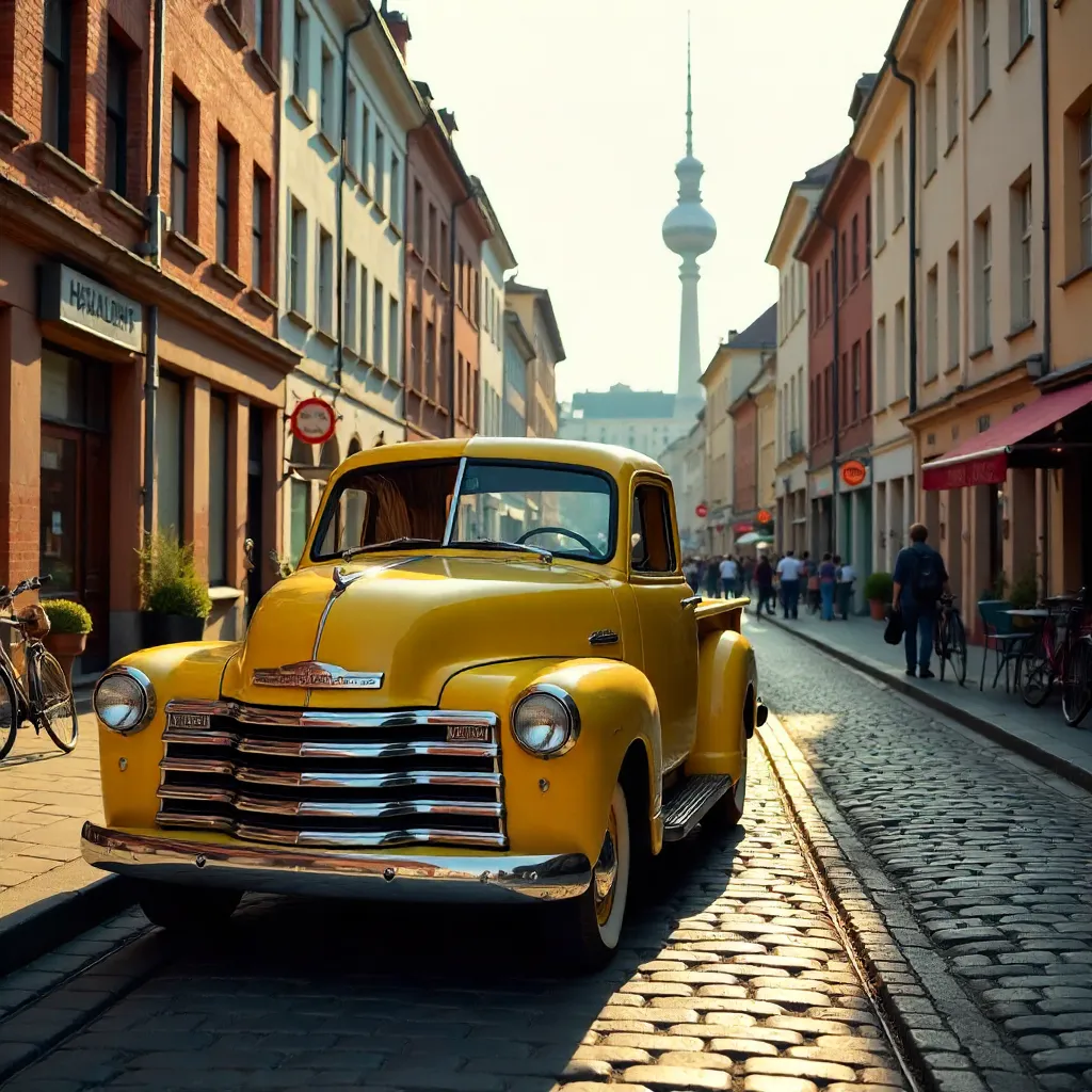 Yellow Classic Pickup Truck in Berlin Streets