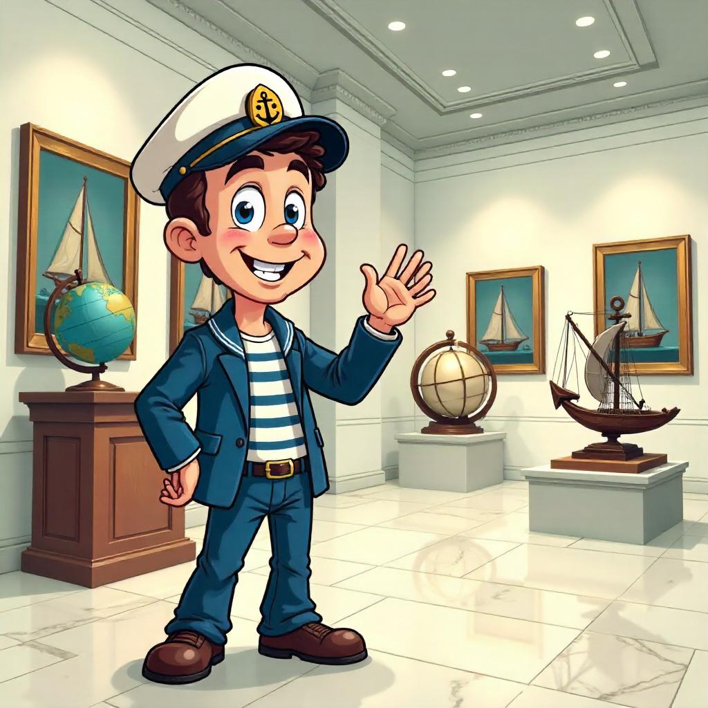 Cartoon Sailor Exploring a Museum Gallery