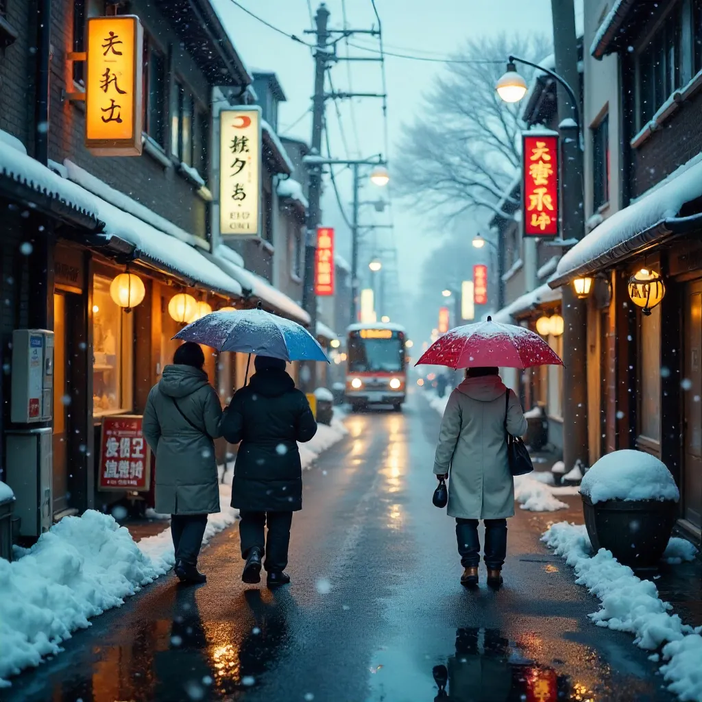 Snowy Sapporo Street with Umbrella Walkers