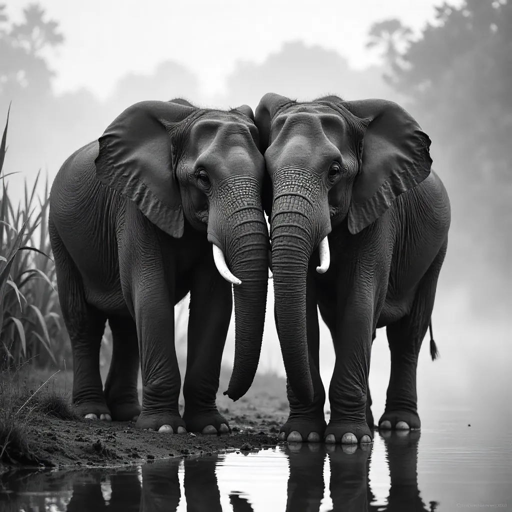 Two Asian Elephants in Close Bond — Black & White