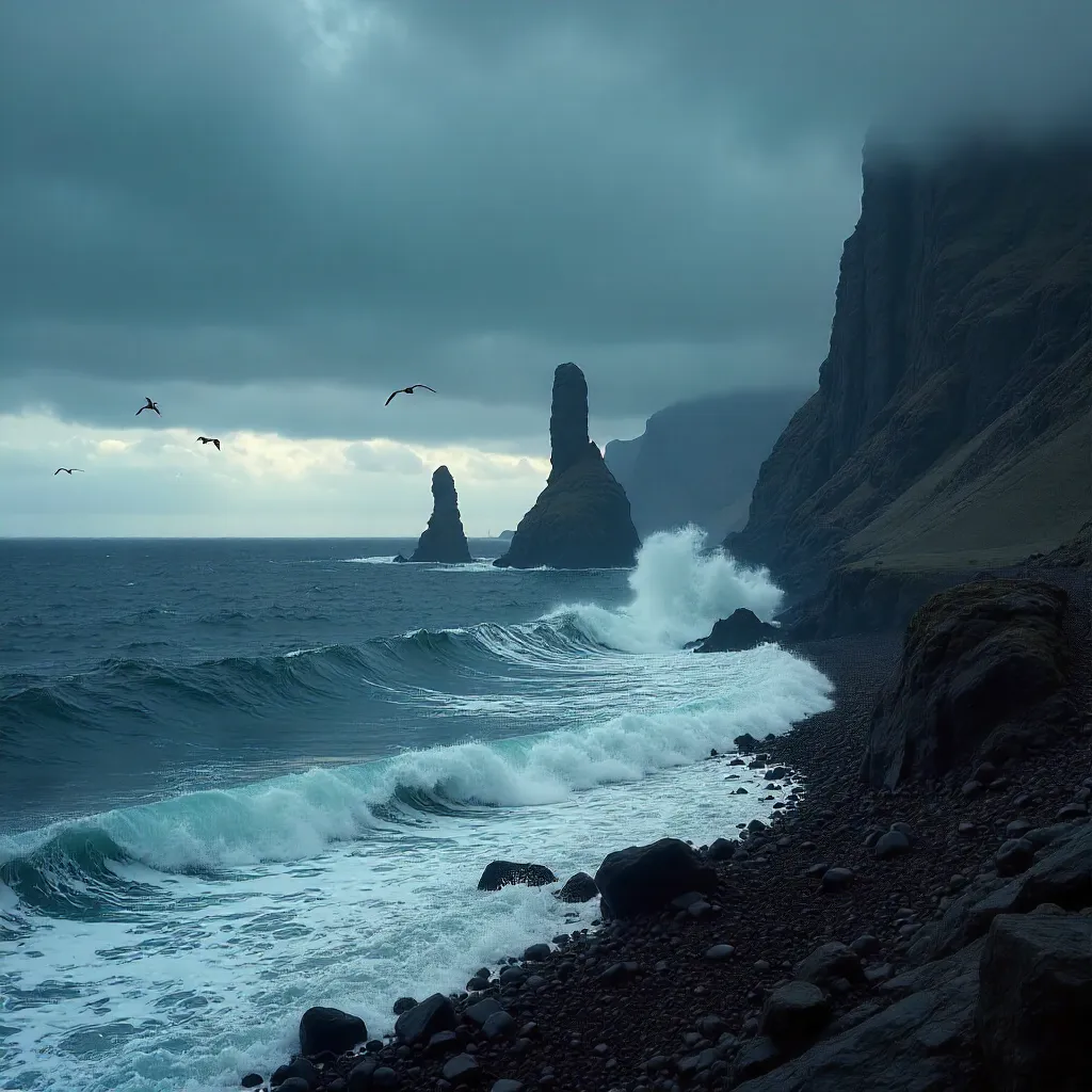 Moody Reynisdrangar Sea Stacks Under Stormy Skies