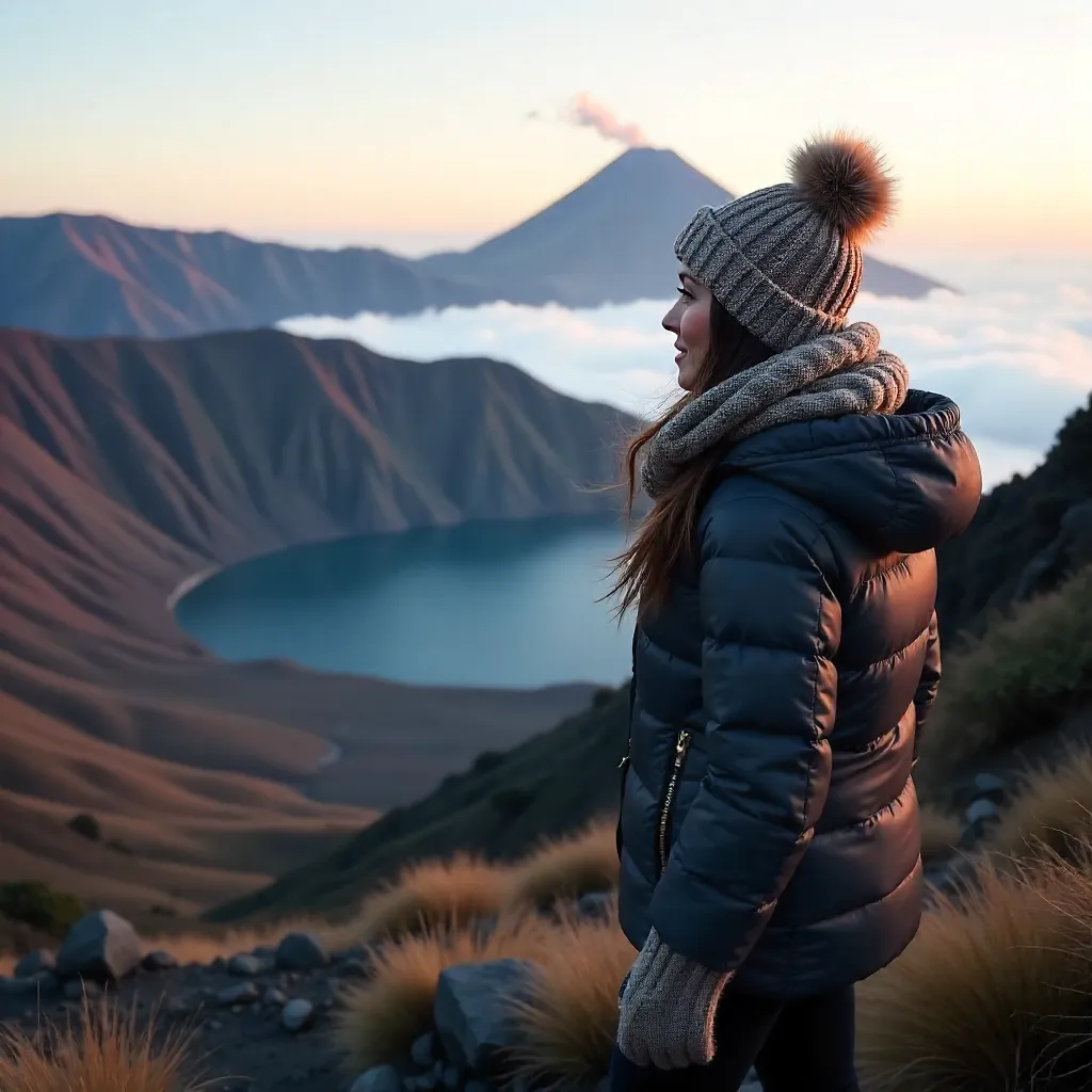 Warm-Clad Woman Before Misty Mount Bromo