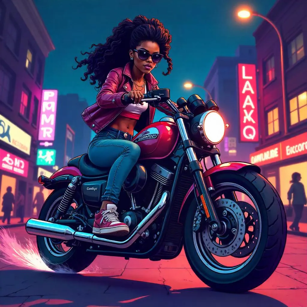 Stylish Black Girl Cartoon Rider on a Neon Motorcycle