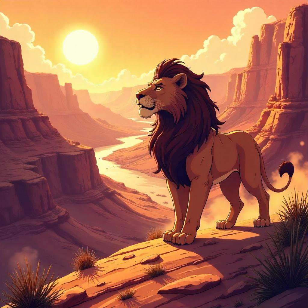 Anime Lion in a Desert Canyon at Sunset