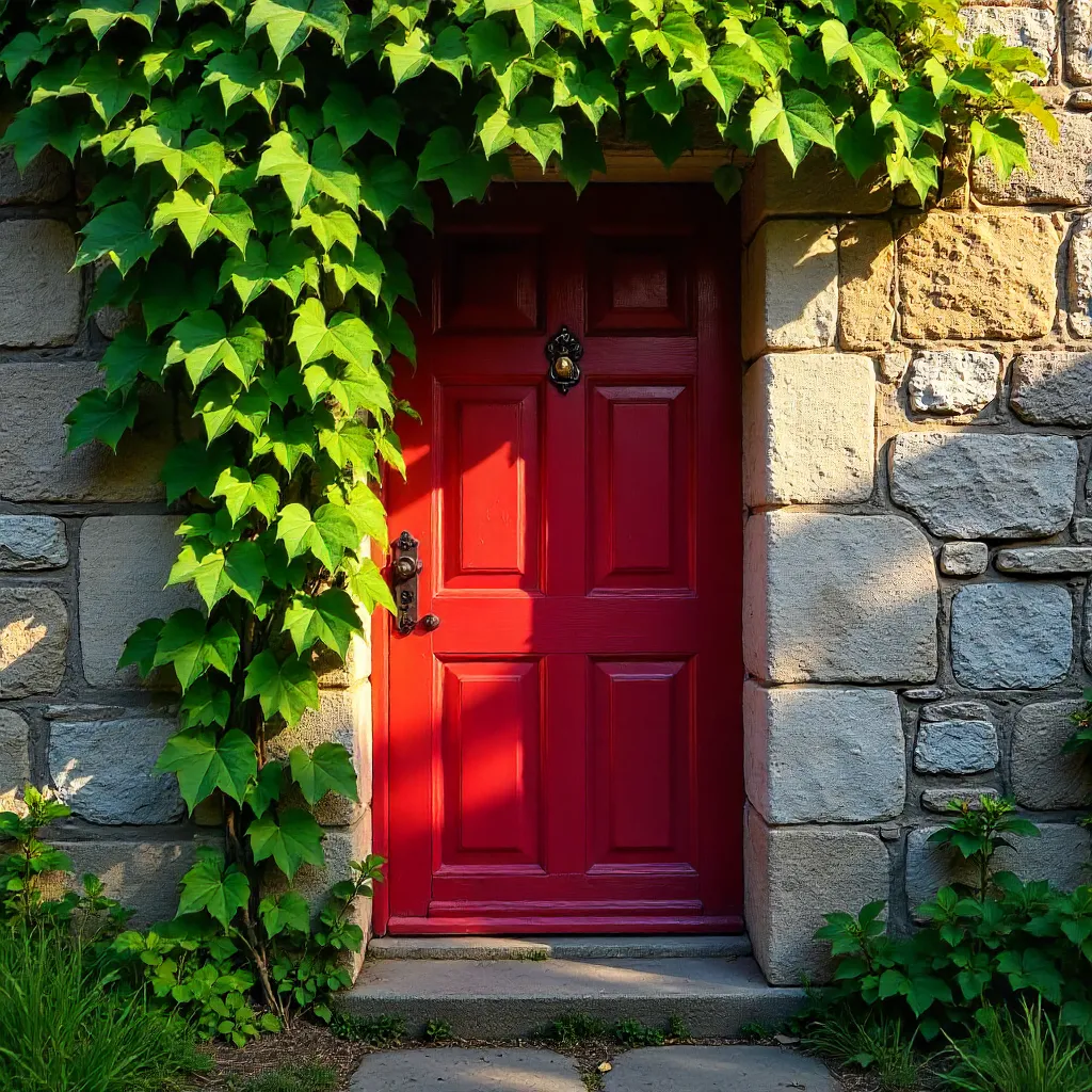 Red Door Framed by Ivy on Rustic Stone Wall