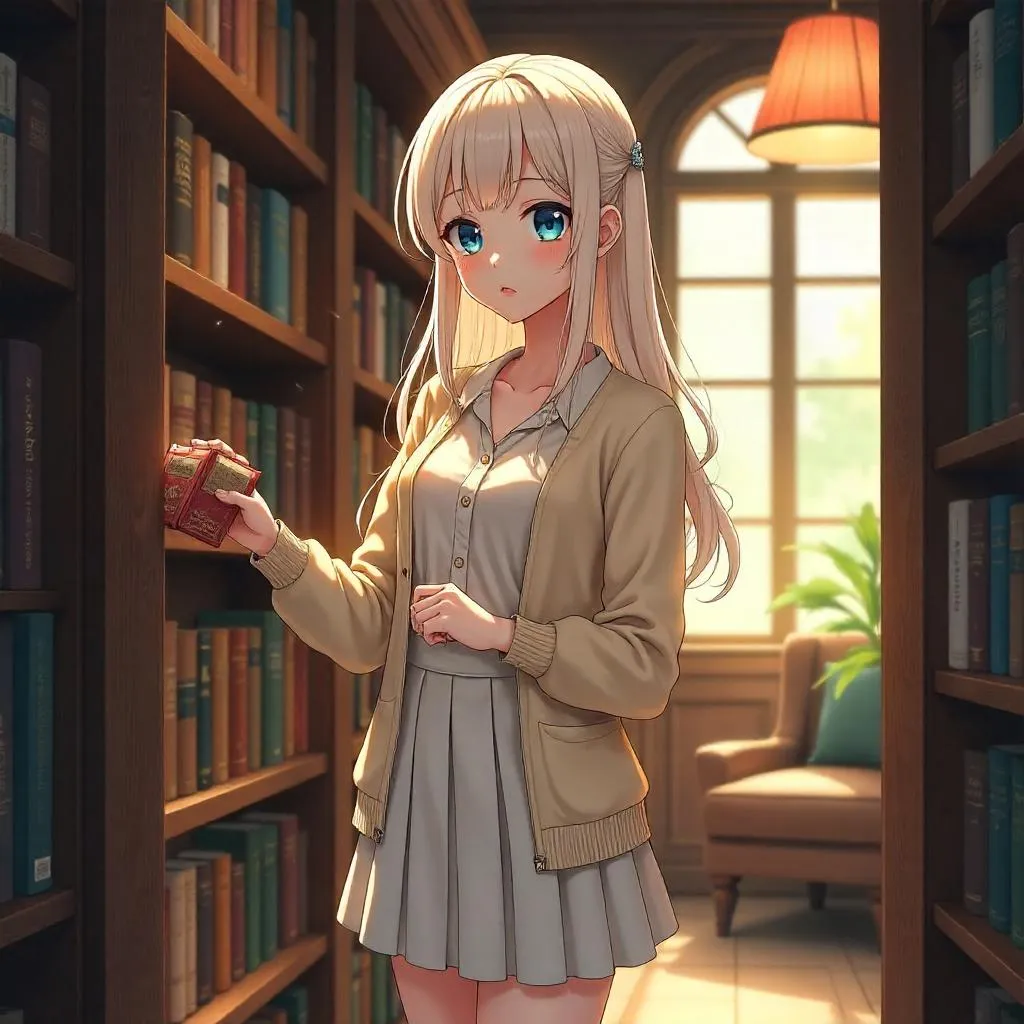 Elegant White Girl in a Bookstore - Anime Style