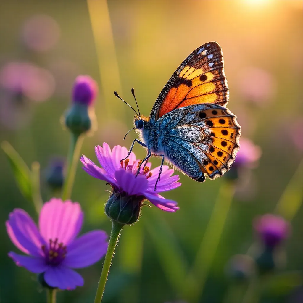 Butterfly on Purple Wildflowers in a Sunlit Meadow