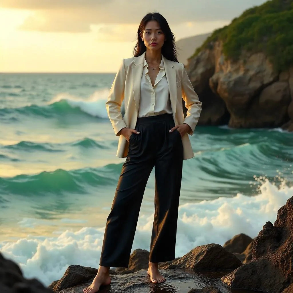Confident Asian Woman by the Ocean - Photorealistic