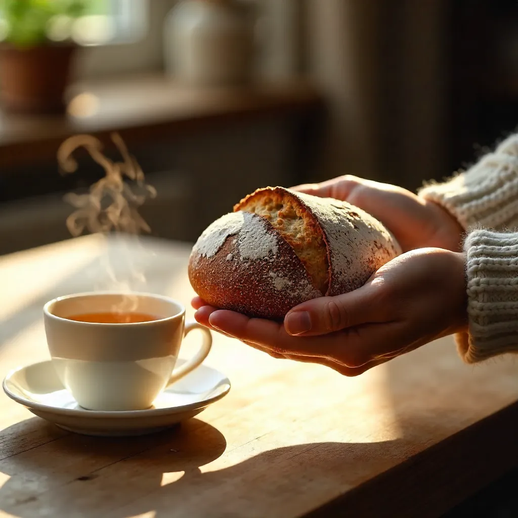 Cozy Hand Holding Artisanal Bread with Tea