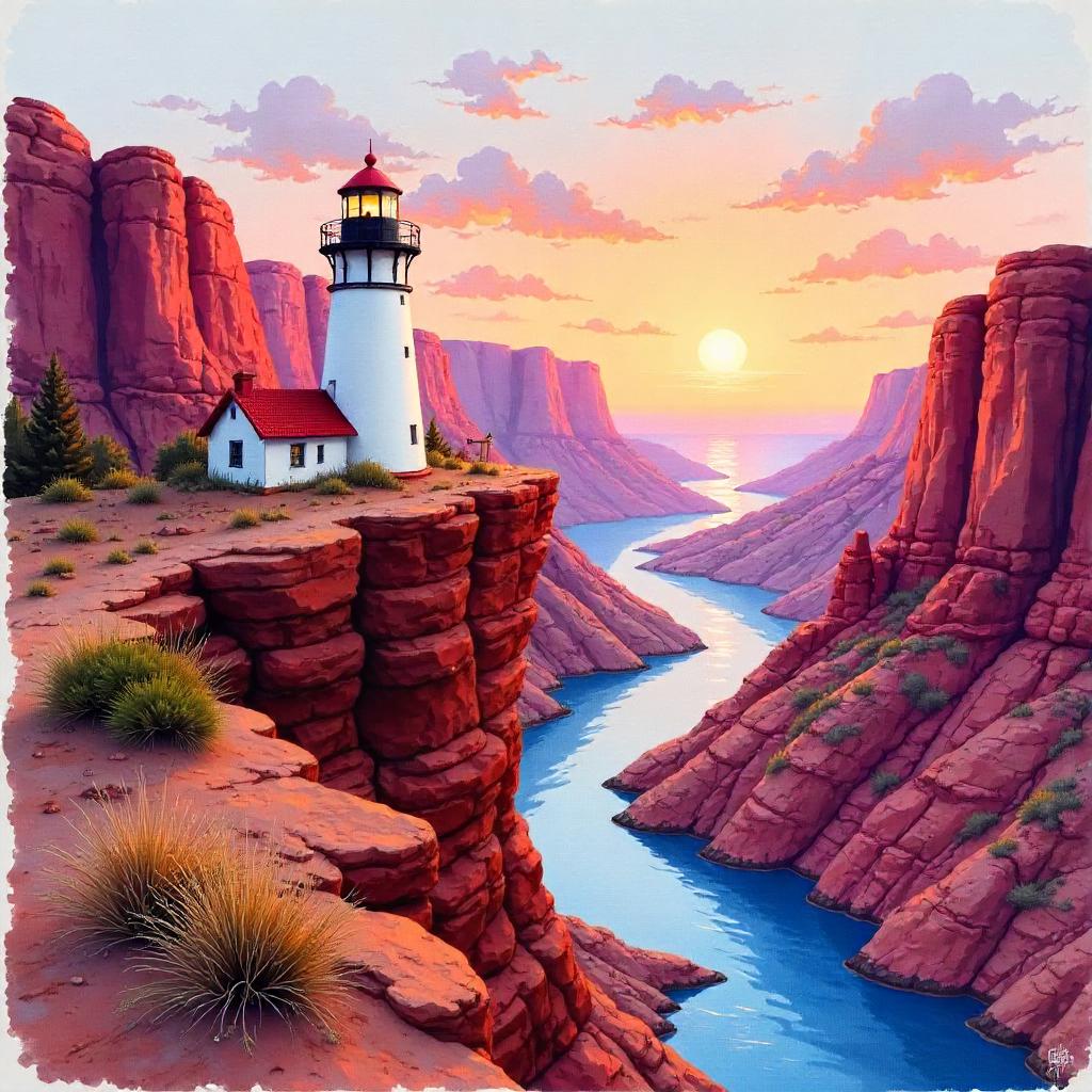 Watercolor Lighthouse in a Canyon at Sunset