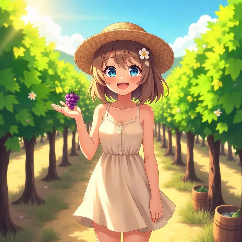 Cheerful Anime Girl in a Sunny Vineyard