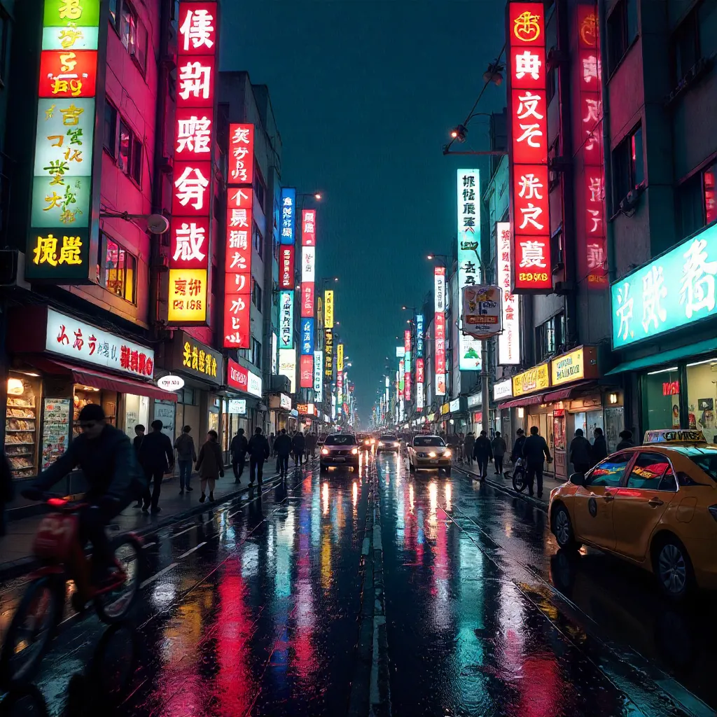 Vibrant Tokyo Neon Street with Motion Blur