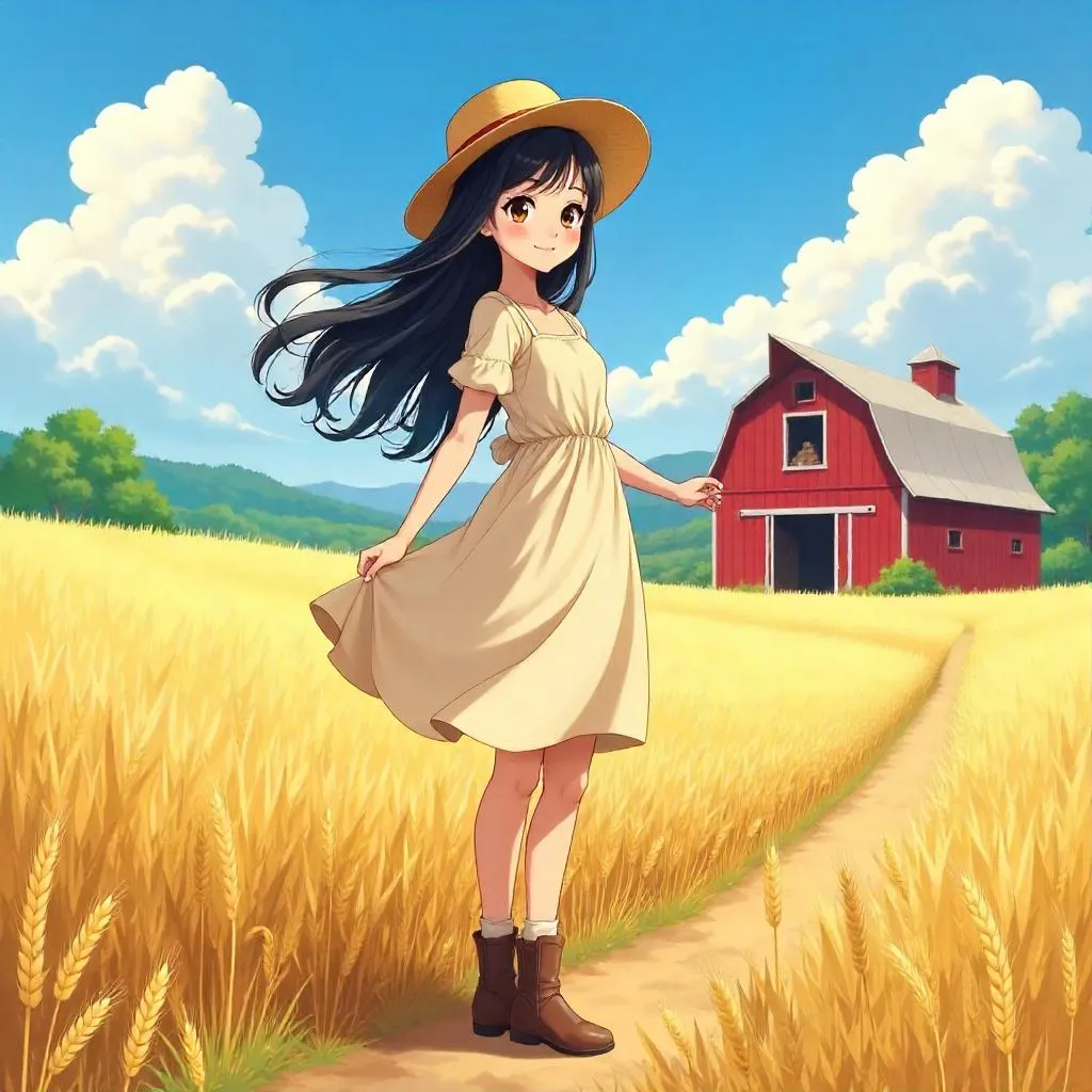 Whimsical Anime Girl on a Sunlit Farm