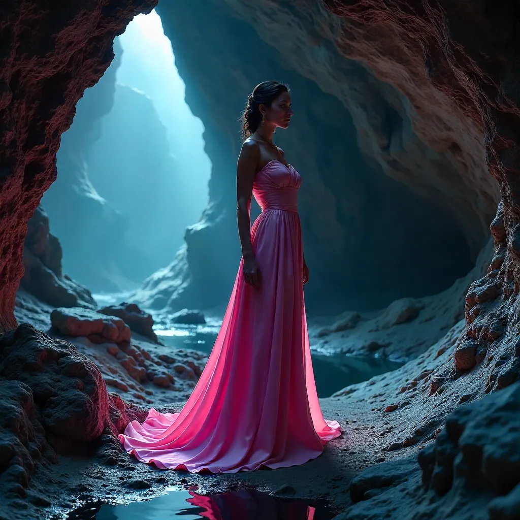 Confident Pink-Dressed Woman in a Dark Cave