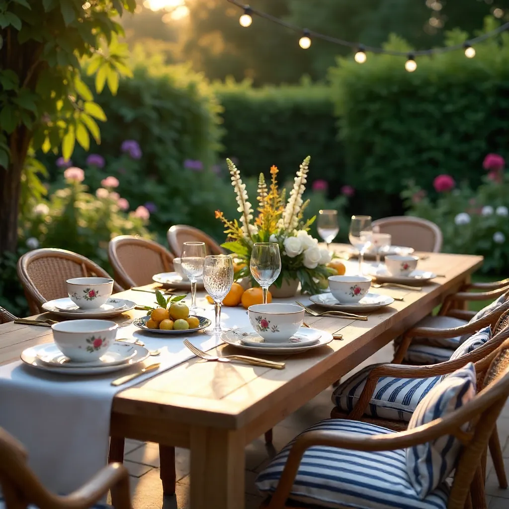 Elegant Outdoor Dining: Floral Plates & Striped Cushions