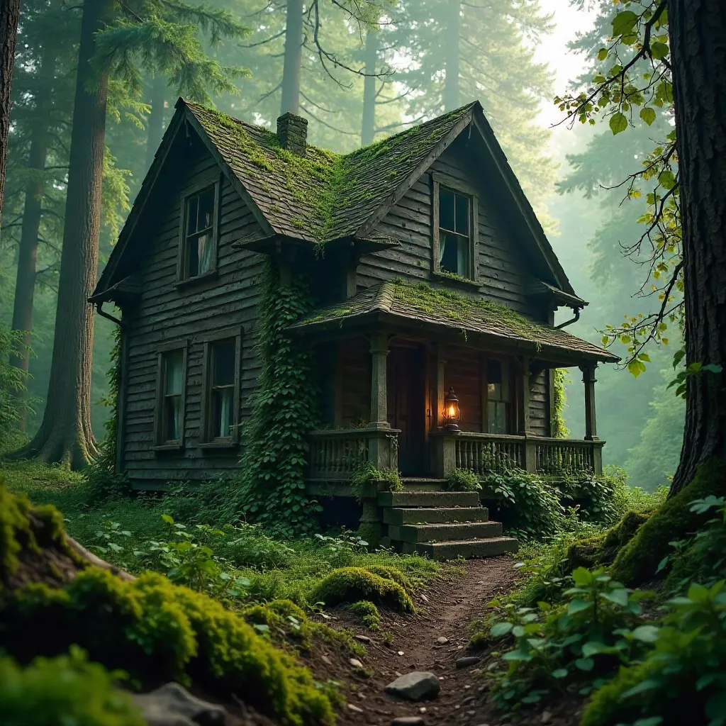 Abandoned House in Dense Forest: Mysterious Charm