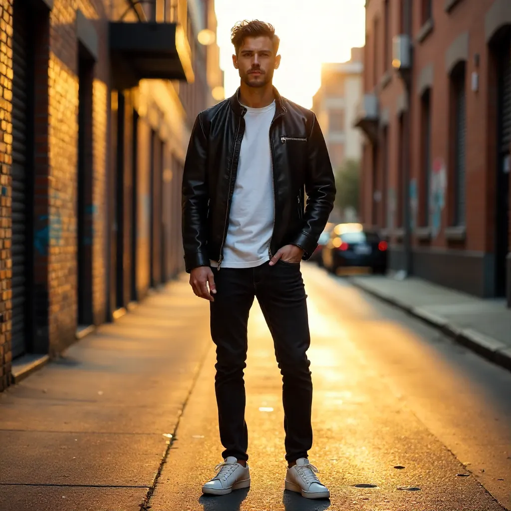 Casual Urban Leather: A Stylish City Pose