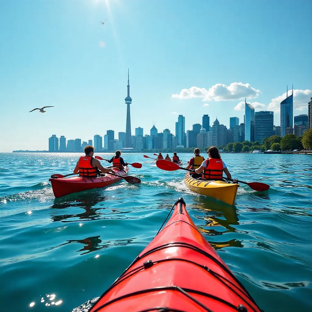 Sunlit Canoeists on Lake Ontario with Toronto Skyline
