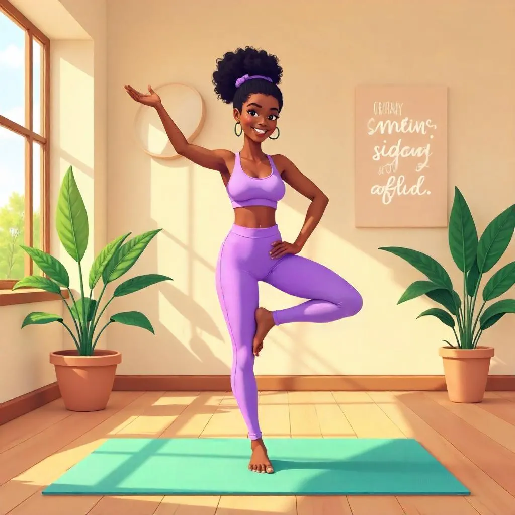Stylish Black Girl in a Cartoon Yoga Studio