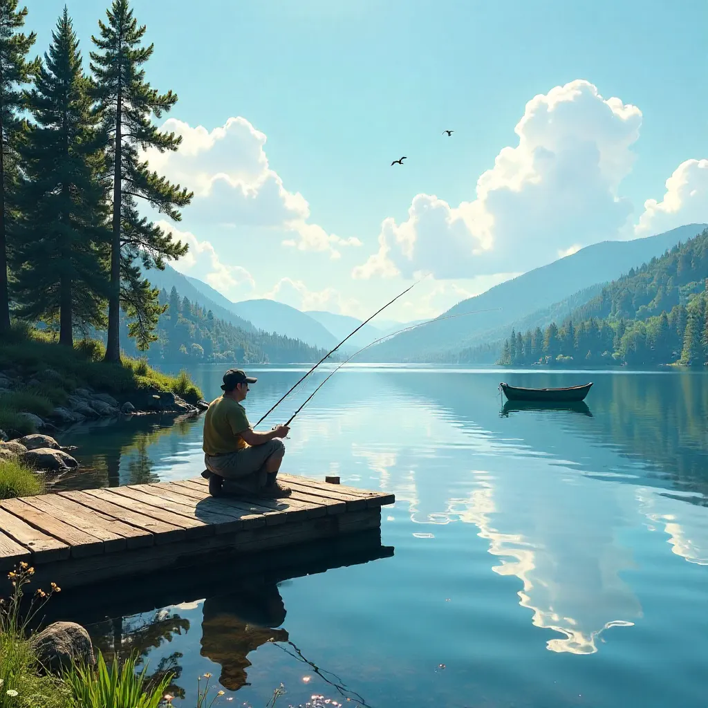 Tranquil Lakeside Fishing Under a Bright Sky