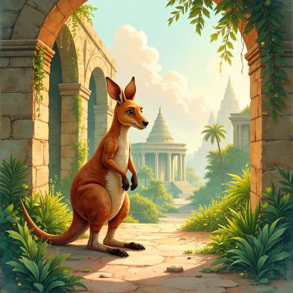 Watercolor Kangaroo in a Lost City