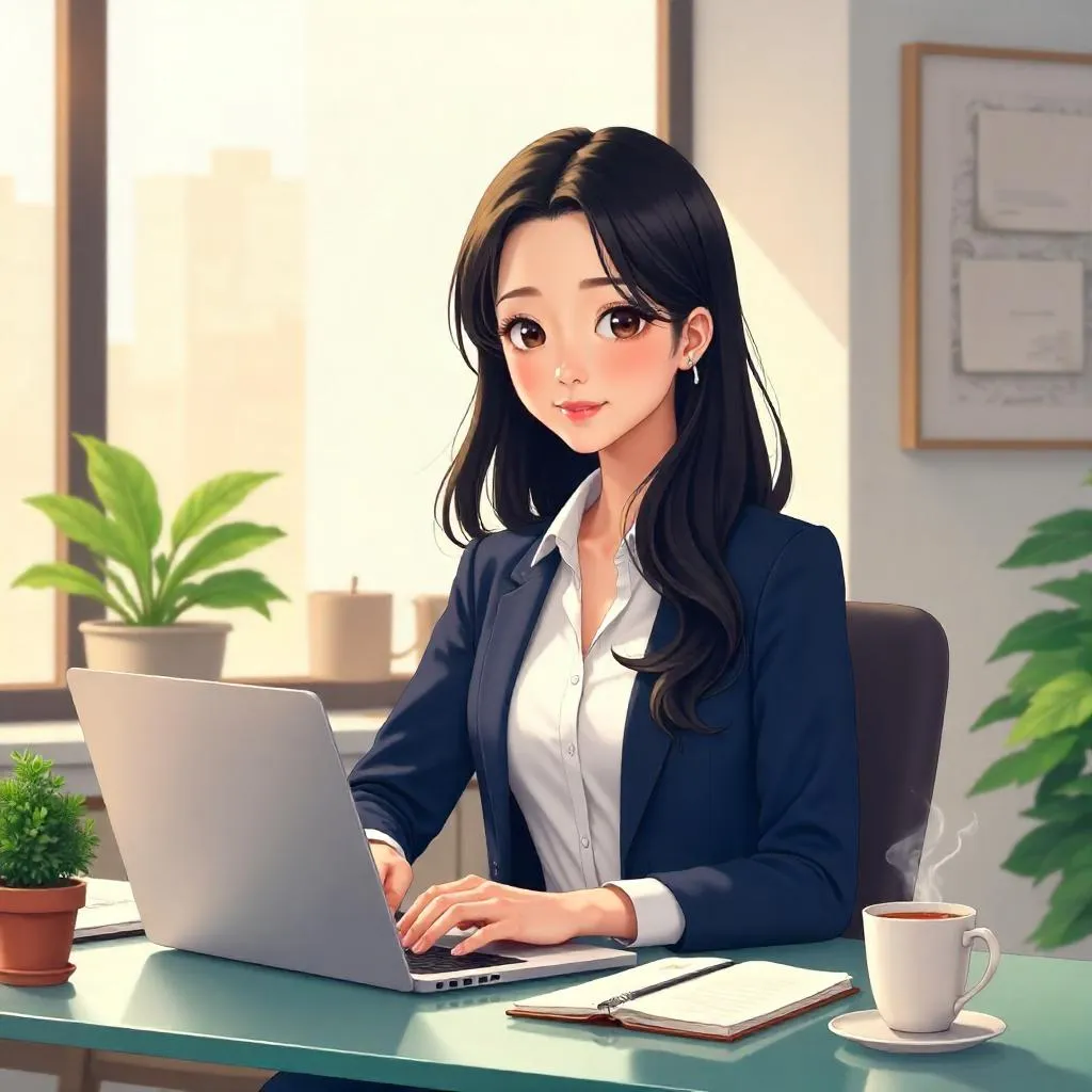 Anime-Style Asian Girl in a Bright Workspace