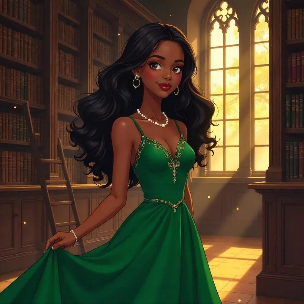 Elegant Black Girl in an Anime Library