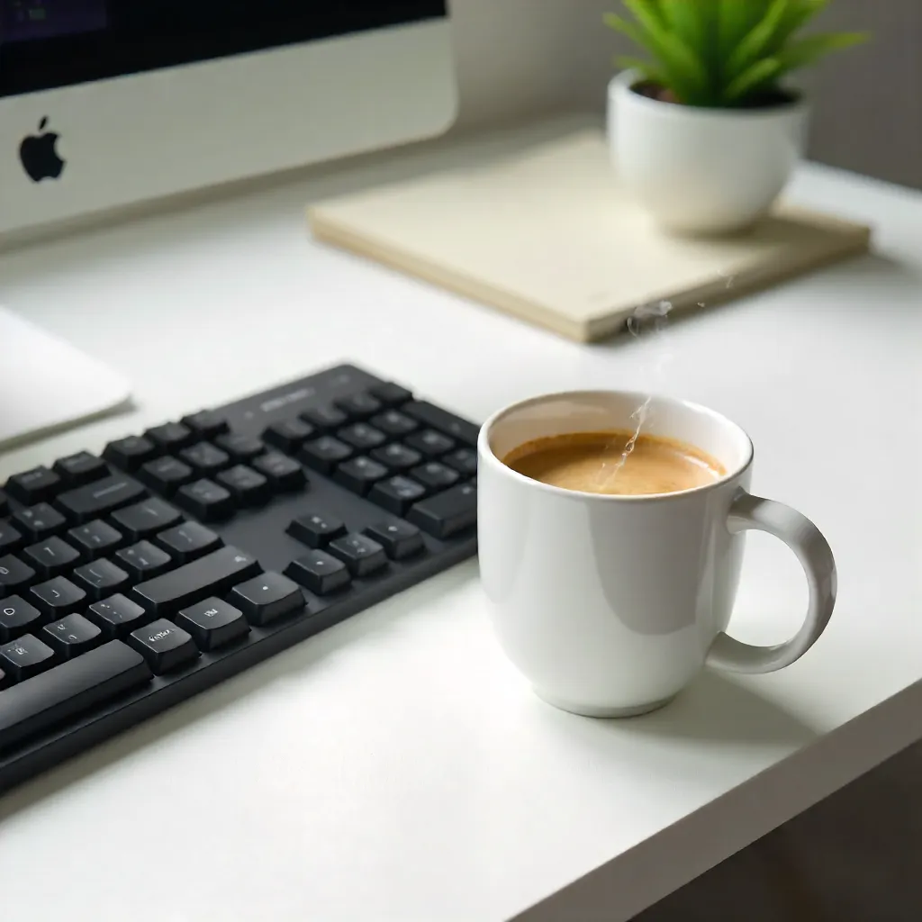 Top-Down Office Desk: Coffee Mug and Keyboard