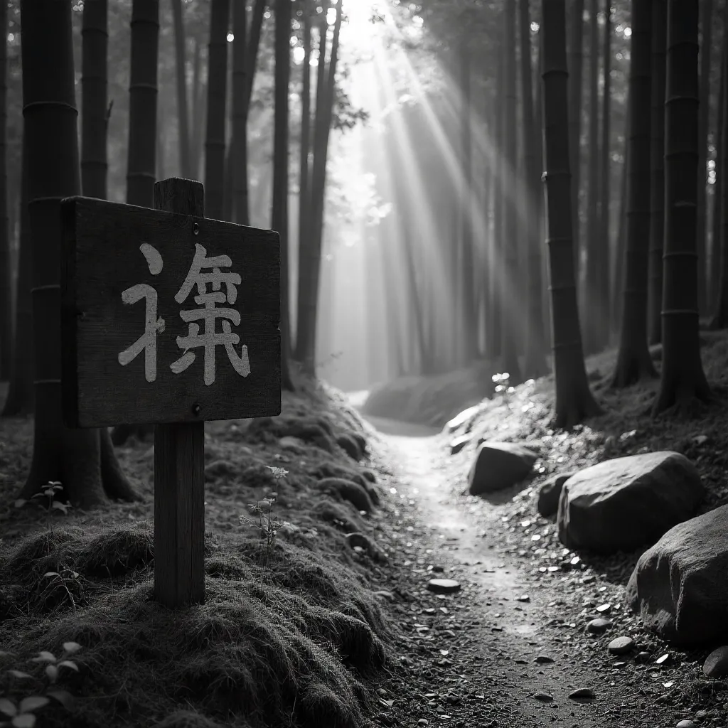 Monochrome Kyoto Forest Sign in Tranquil Woods